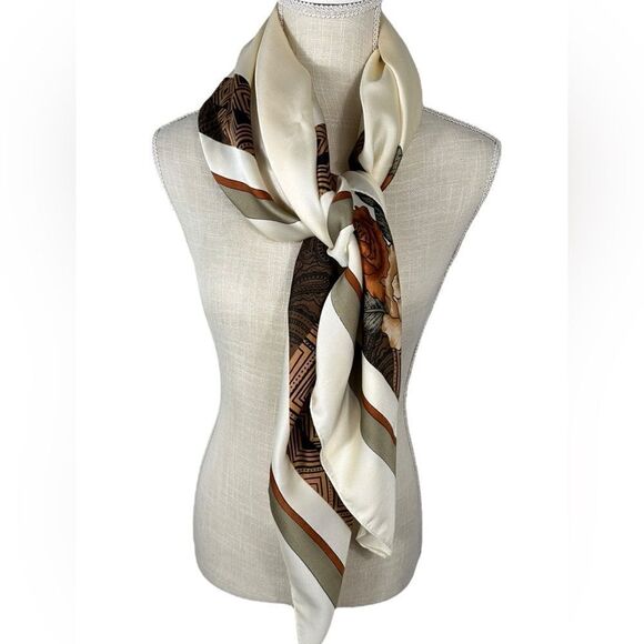 Ivory & Brown Vintage Rose Print Satin Blend Scarve - Picture 1 of 7